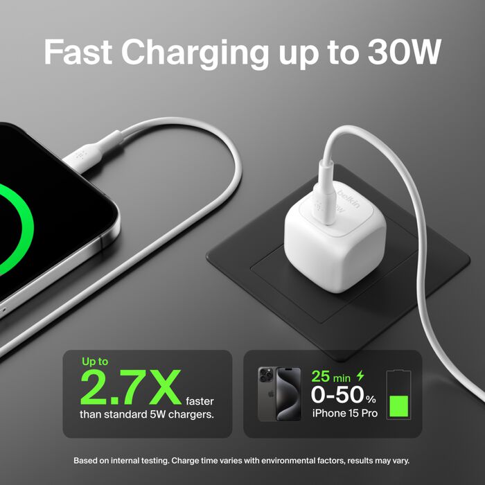 Belkin Boost Charge Compact USB-C Wall Charger (30W) – Fast, Safe, Travel-Ready