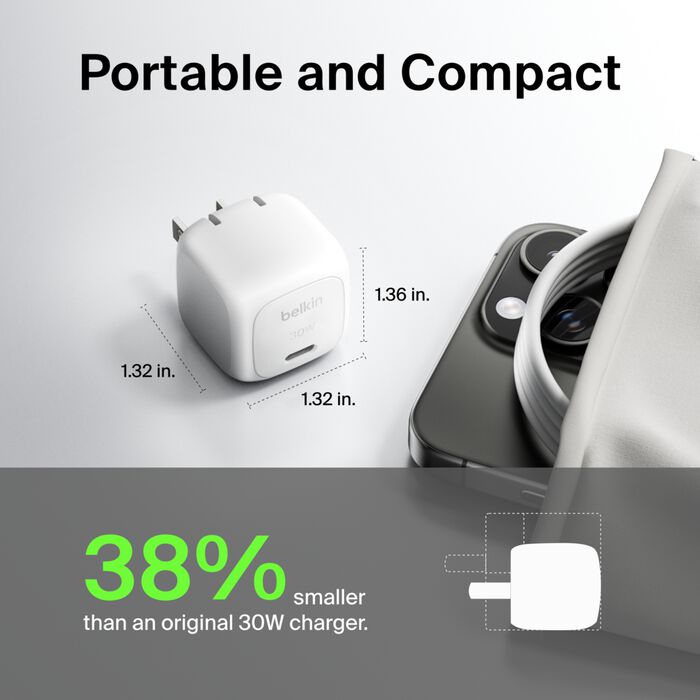 Belkin Boost Charge Compact USB-C Wall Charger (30W) – Fast, Safe, Travel-Ready