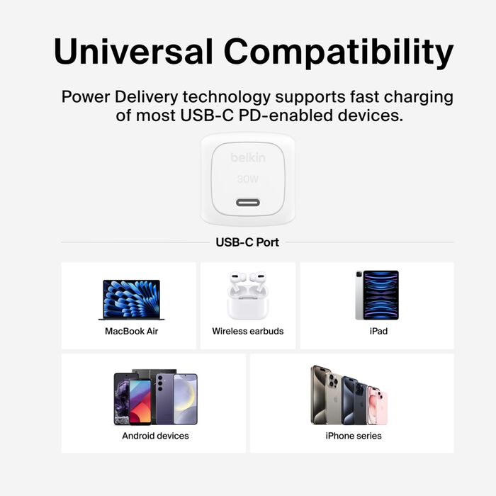 Belkin Boost Charge Compact USB-C Wall Charger (30W) – Fast, Safe, Travel-Ready